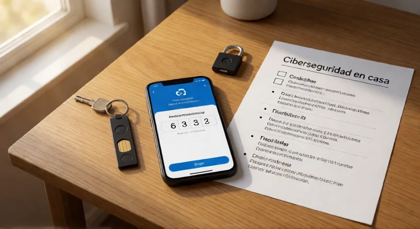 consejos para evitar ser victima de delitos informaticos, Llave física de seguridad y app de autenticación en dos pasos sobre un escritorio