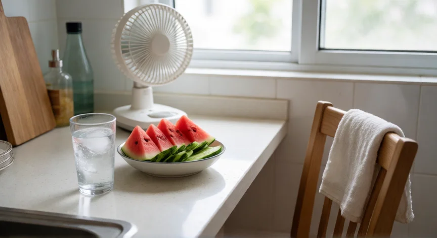 consejos para evitar un golpe de calor, Mesa con agua, sandía, pepino y ventilador para combatir el calor en casa