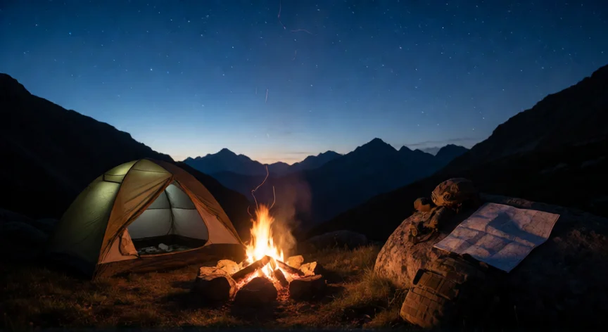 consejos para expedition 33, Campamento de noche revisando el mapa antes del próximo tramo de la expedición
