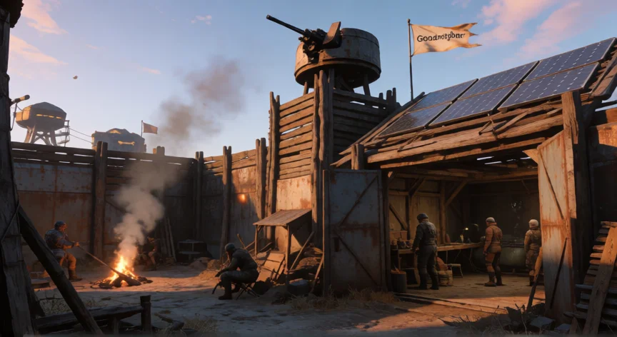 consejos para fallout 4, Asentamiento fortificado con torre de ametralladora y paneles solares en el Commonwealth