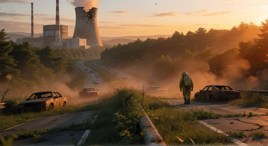Paisaje postapocalíptico de Appalachia con una central nuclear al fondo y un superviviente en traje amarillo