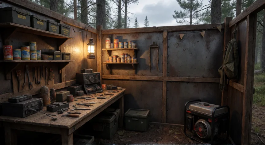 consejos para fallout 76, Campamento base del jugador en Fallout 76 con banco de crafting, municiones y generador