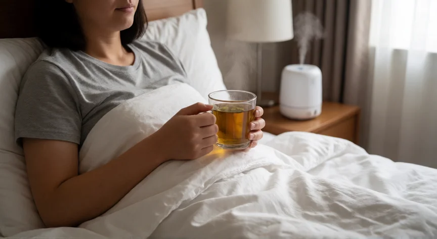 consejos para faringitis, Persona descansando en cama con cabeza elevada y humidificador para aliviar la garganta
