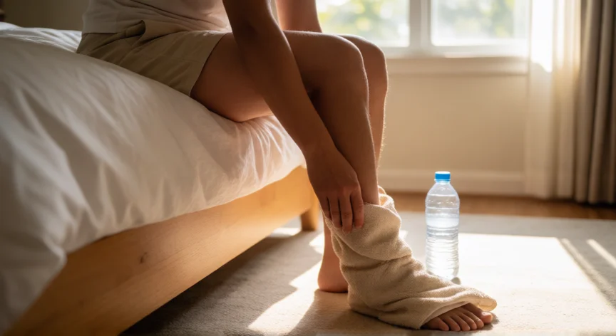 Persona estirando la fascia plantar con una toalla al despertar en la cama