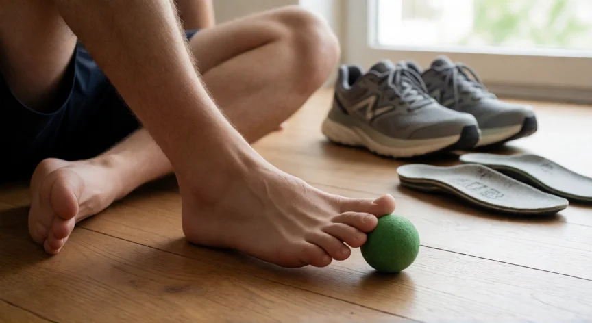 consejos para fascitis plantar, Masaje plantar con pelota de lacrosse y calzado con soporte en el suelo