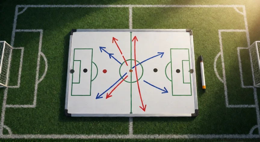 consejos para fc 26, Pizarra táctica con posiciones de jugadores y líneas de pase en el campo