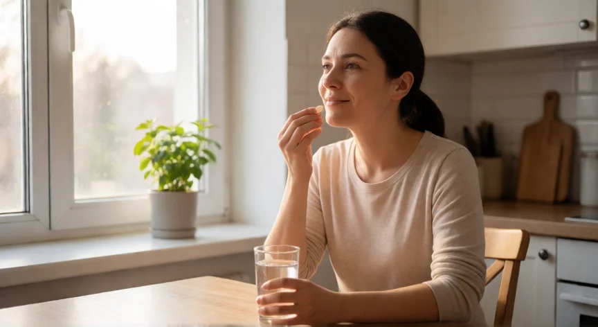 consejos para fiv positiva, Mujer tomando su medicación antirretroviral con calma en su cocina