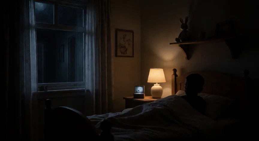 consejos para fnaf 4, Habitación oscura de FNAF 4 con cama, ventana al pasillo y caja de música en la mesita