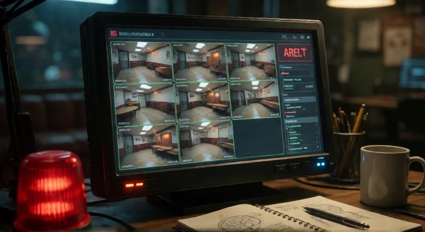 consejos para fnaf 6, Puesto de seguridad con monitores de cámaras y alerta roja encendida