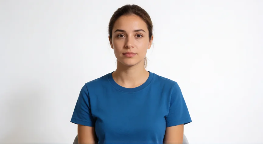 consejos para foto dni, Mujer posando con fondo blanco y expresion neutra para foto de documento de identidad