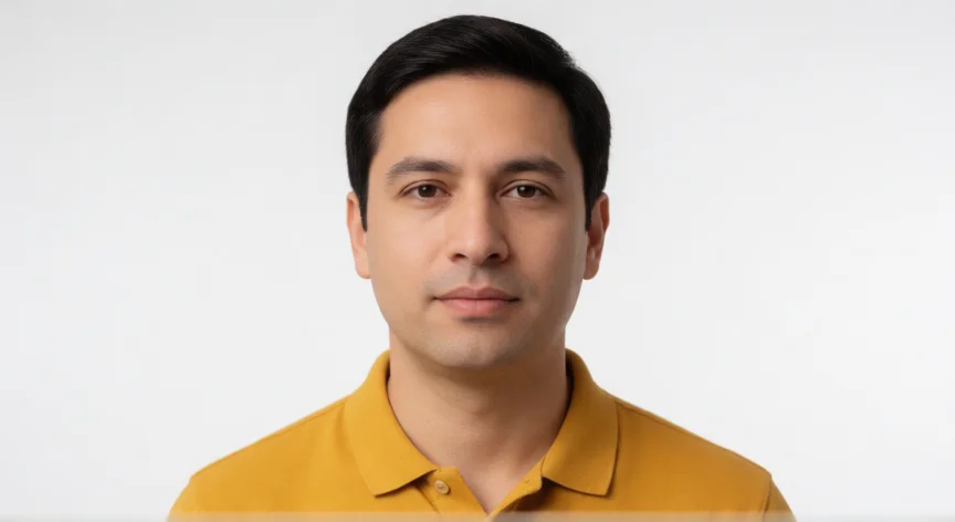 consejos para foto dni, Hombre con camiseta mostaza posando de frente con fondo blanco para retrato de DNI