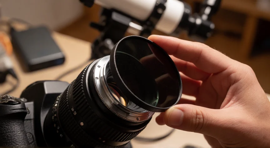 consejos para fotografiar el eclipse, Primer plano de un filtro solar certificado montado en la lente de una cámara preparada para fotografiar el eclipse.