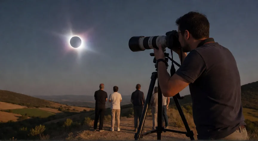 Fotógrafo con teleobjetivo de 600 mm fotografiando la corona solar durante la totalidad del eclipse