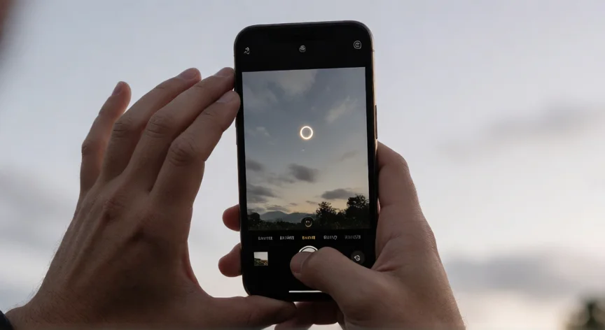 consejos para fotografiar el eclipse total de agosto (con móvil o cámara), Móvil en modo manual fotografiando la fase parcial del eclipse con filtro solar