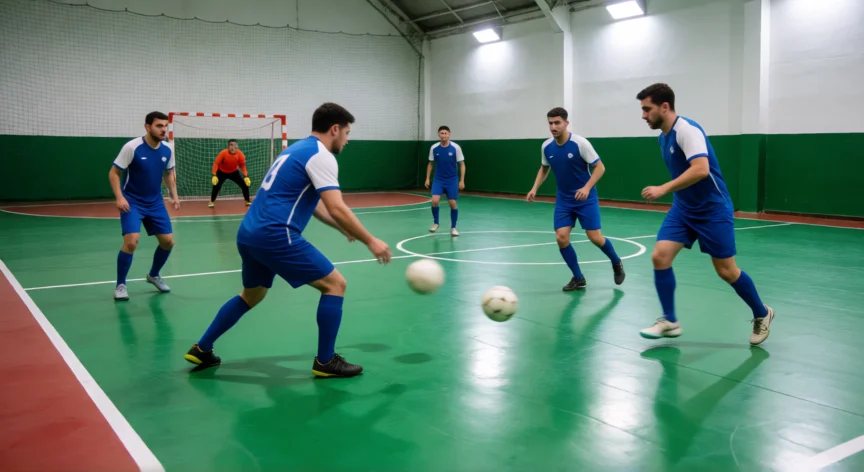 consejos para futbol 5, Jugadores de fútbol 5 ejecutando un pase rápido en cancha interior