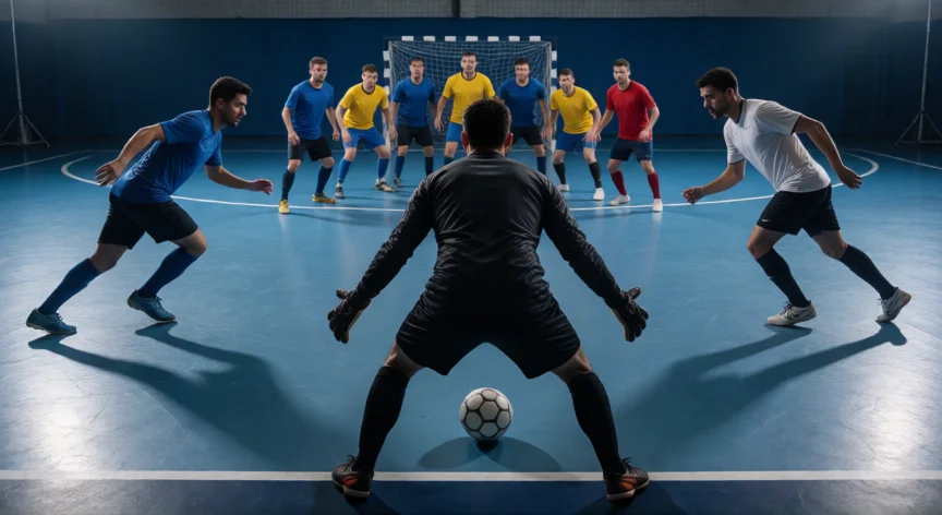 consejos para futbol 5, Unero de futsal distribuyendo el balón con la defensa rival presionando arriba
