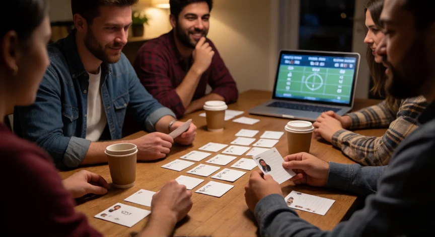 consejos para ganar la liga fantasy, Grupo de amigos haciendo el draft de su liga fantasy alrededor de una mesa con fichas y café