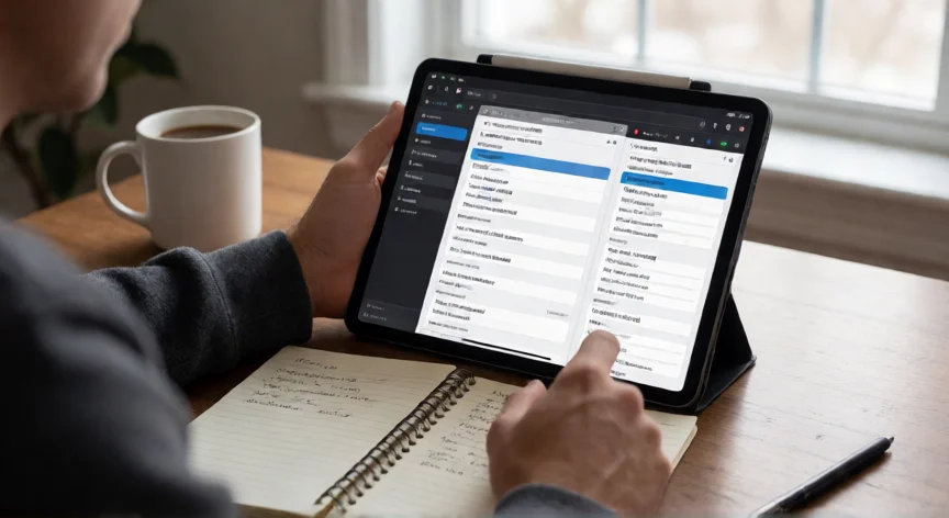 consejos para ganar la liga fantasy, Manager revisando su lineup fantasy en una tablet el domingo por la mañana con informes de lesiones