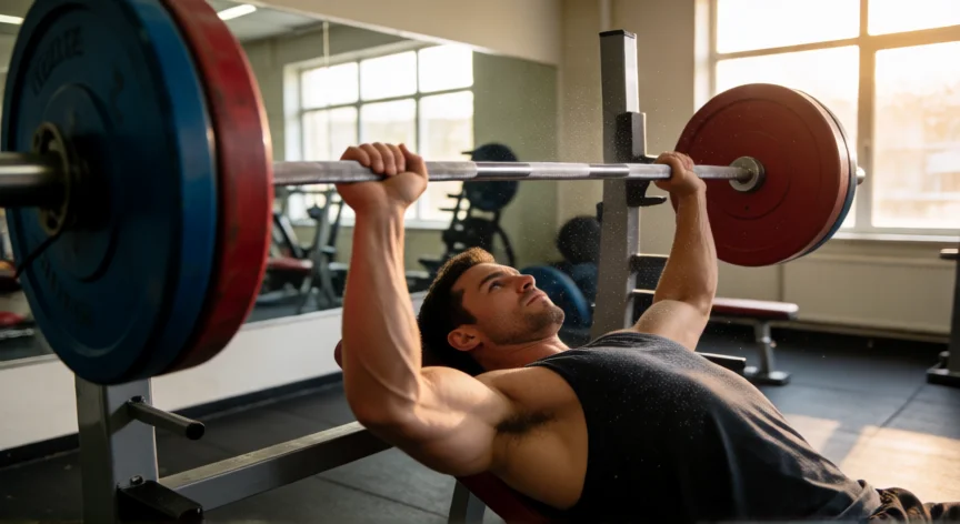 Hombre realizando press de banca con barra en un gimnasio bien iluminado