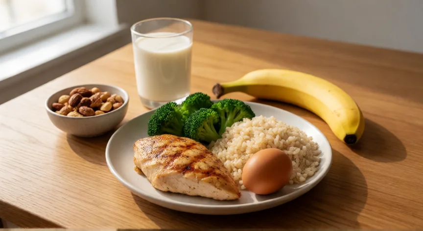 consejos para ganar masa muscular, Bandeja de comida con pollo, arroz, brócoli y frutos secos para ganar músculo