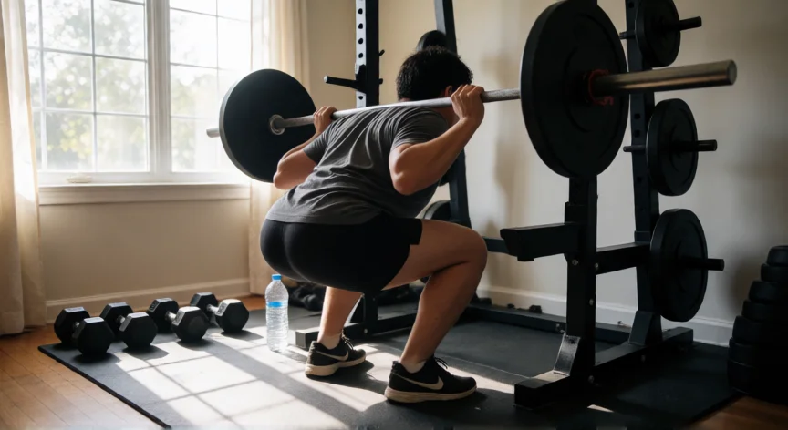 consejos para ganar peso, Persona realizando sentadillas con barra en un gimnasio de casa