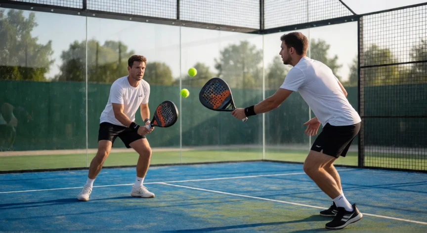 Jugadores de pádel en acción con colocación táctica en la pista