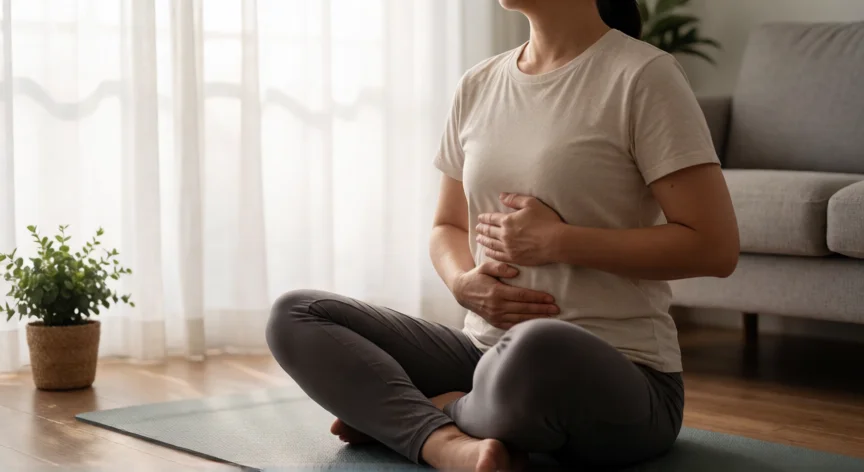 consejos para gastritis, Persona practicando respiración diafragmática para reducir el estrés asociado a la gastritis