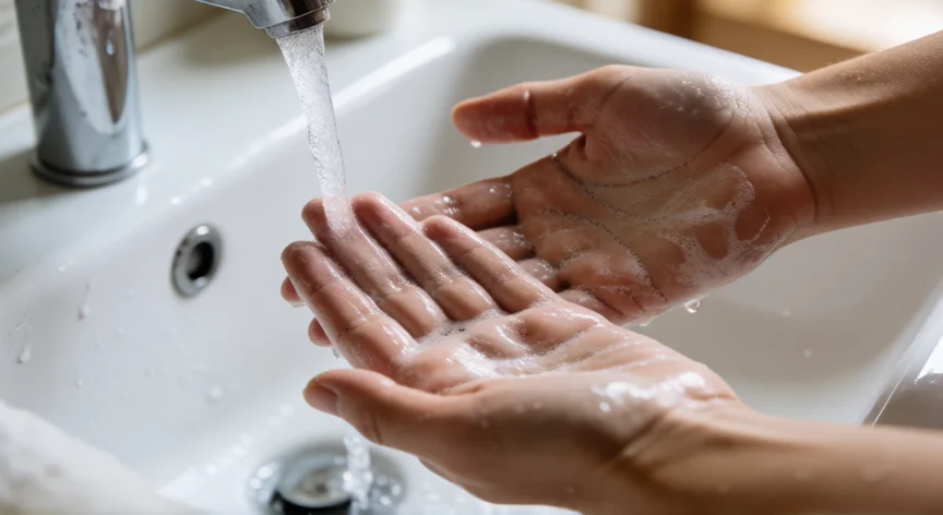 consejos para gastroenteritis, Manos lavándose con jabón bajo el grifo como medida de higiene para evitar el contagio de gastroenteritis