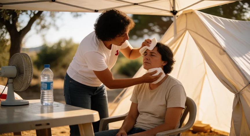 consejos para golpe de calor, Persona aplicando compresas frías a alguien con síntomas de golpe de calor en la sombra