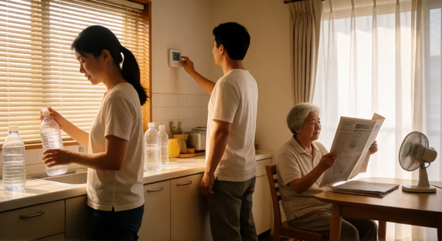 consejos para golpe de calor, Familia preparándose para una ola de calor con agua y ventilación en casa