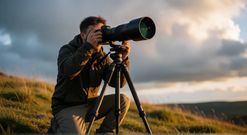 consejos para grabar el eclipse, Fotógrafo con trípode y teleobjetivo preparado para grabar un eclipse solar con filtro certificado