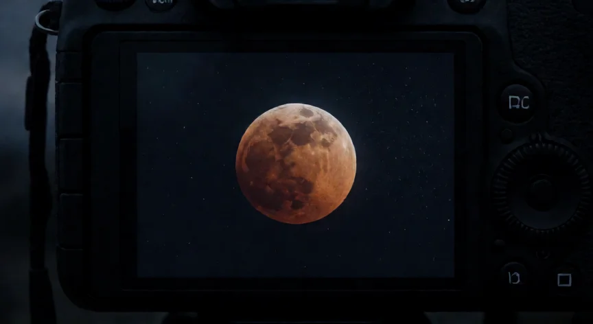 consejos para grabar el eclipse, Pantalla de cámara mostrando la Luna en totalidad durante un eclipse lunar con tono rojizo