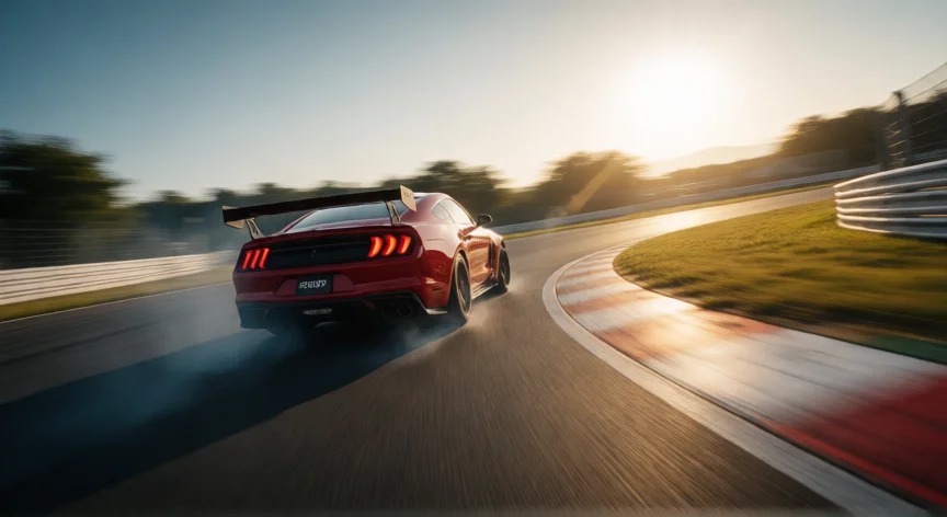 Coche de carreras GT500 tomando una curva a alta velocidad en un circuito al atardecer