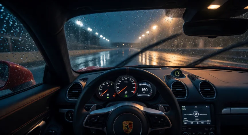 consejos para gran turismo 7, Vista desde el cockpit de un coche deportivo durante una carrera con lluvia activa