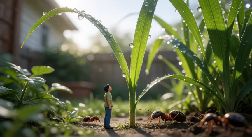 consejos para grounded, Personaje encogido en el jardín de Grounded contemplando una brizna de hierba gigante al amanecer