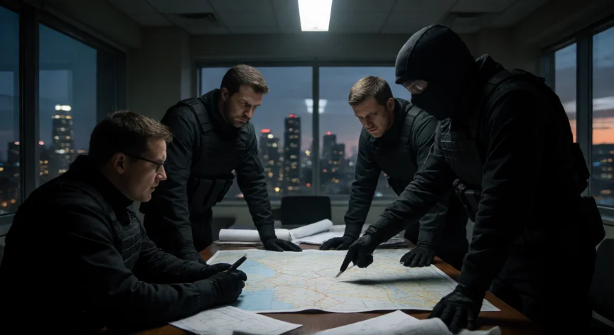 consejos para gta 5 online, Equipo de cuatro jugadores planificando un atraco en una oficina de GTA Online