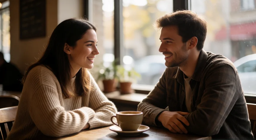 consejos para gustarle a un chico, Mujer y hombre conversando con naturalidad en una mesa de café