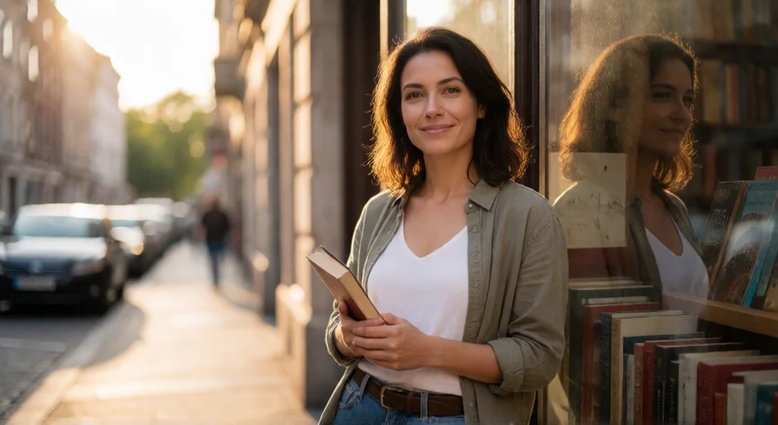 consejos para gustarle a un chico, Mujer segura de sí misma con una sonrisa natural junto a una librería
