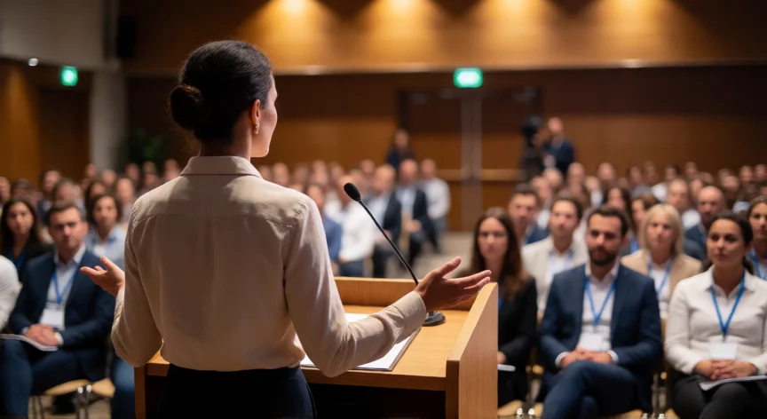 consejos para hablar en publico, Oradora en un pódium dirigiéndose a una audiencia atenta en una sala de conferencias