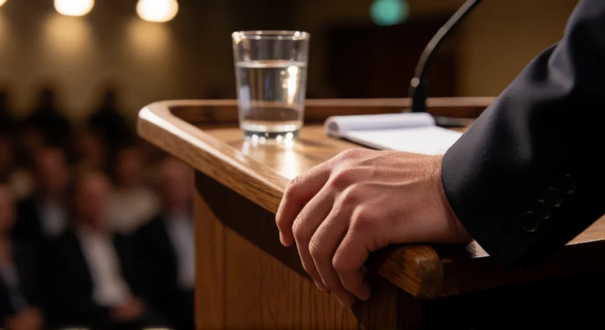 consejos para hablar en publico, Primer plano de manos sobre un pódium con una audiencia desenfocada al fondo