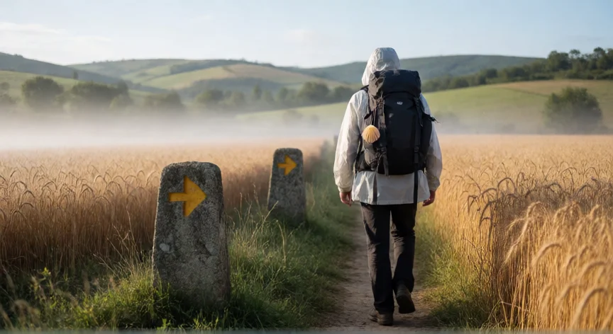 consejos para hacer el camino de santiago, Peregrino caminando por un sendero de maiz con mochila en Galicia