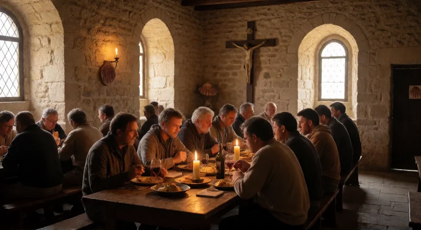 consejos para hacer el camino de santiago, Comedor de albergue de peregrinos con mesa compartida y caldero