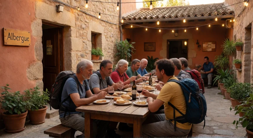 consejos para hacer el camino de santiago por primera vez, Peregrinos cenando juntos en la terraza de un albergue de piedra al atardecer en el Camino