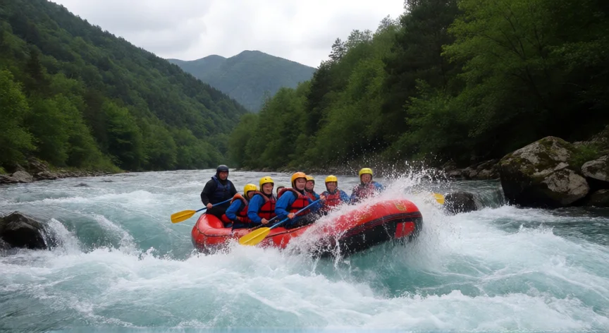 consejos para hacer el descenso del sella, Grupo de rafters descendiendo un rápido del río Sella en Asturias