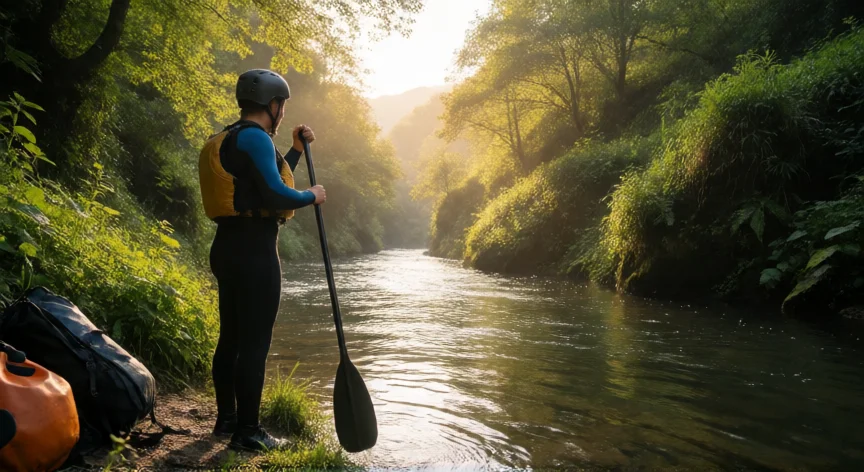 consejos para hacer el descenso del sella, Piragüista preparado en la orilla del río Sella antes del descenso