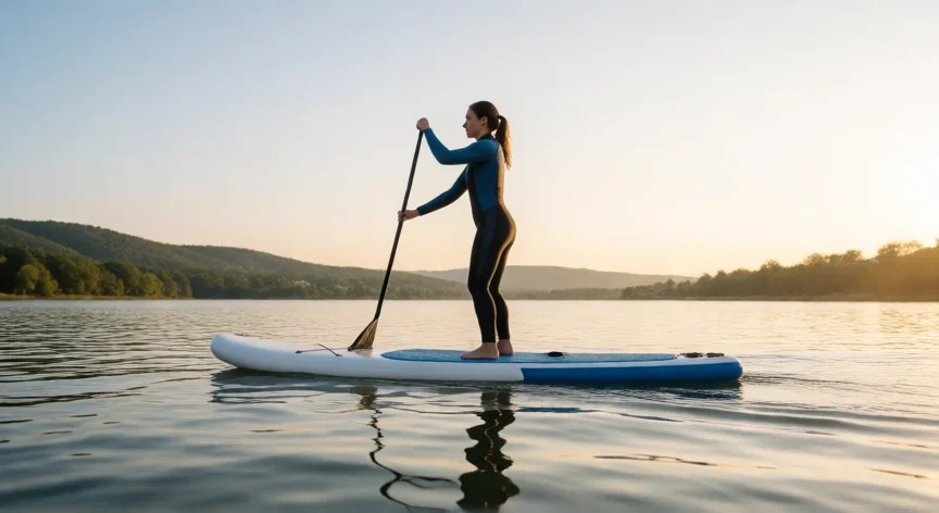 Mujer en postura correcta sobre tabla de paddle surf en un lago al atardecer
