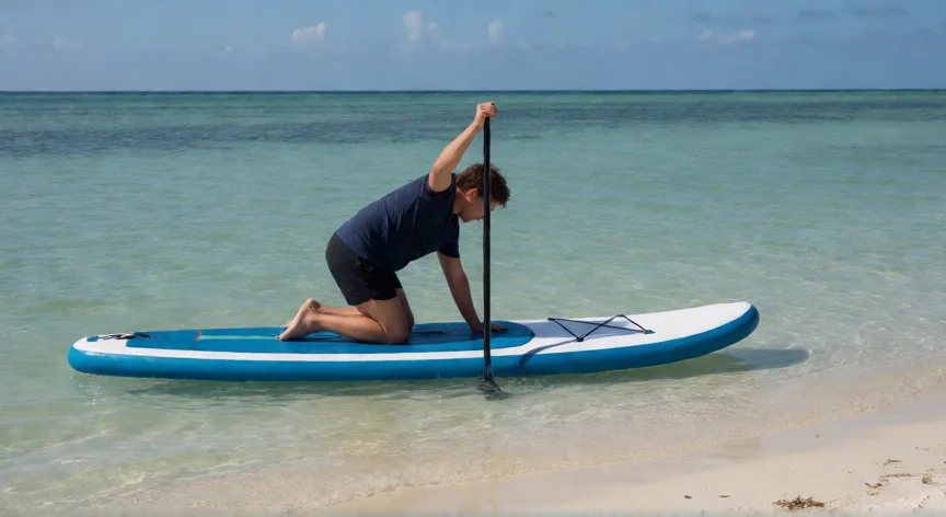consejos para hacer paddle surf, Principiante subiendo a la tabla de paddle surf en agua poco profunda junto a la orilla