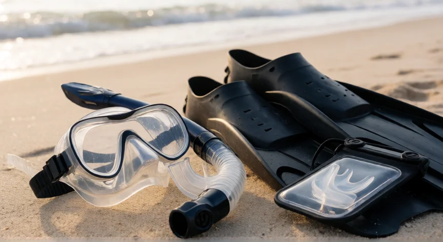 consejos para hacer snorkel, Equipo de snorkel: máscara, tubo y aletas sobre arena de playa