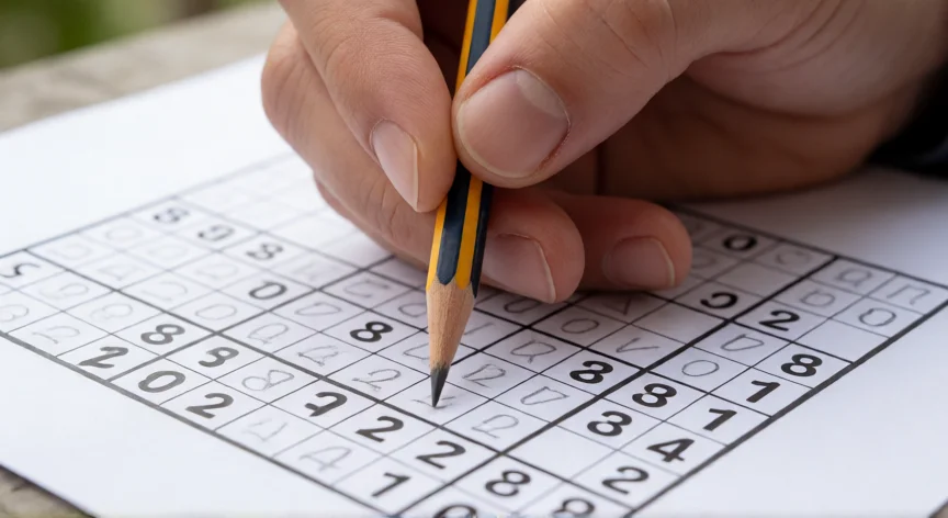 consejos para hacer sudokus, Mano con lápiz resolviendo una celda de un sudoku con anotaciones de candidatos