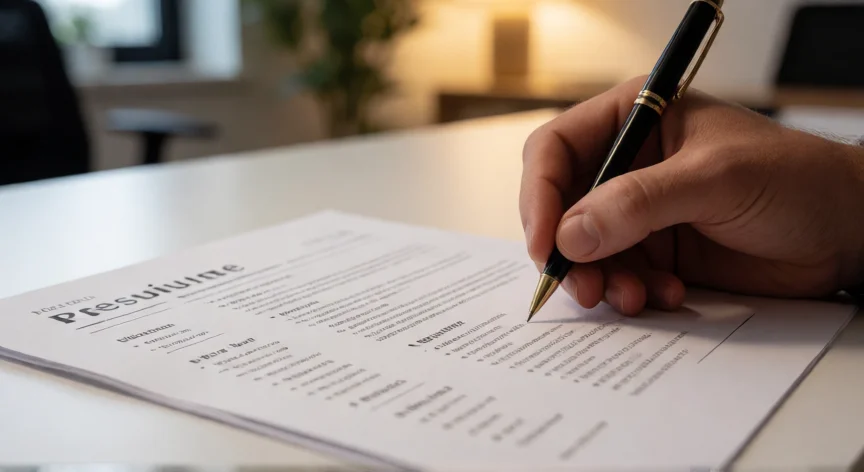 consejos para hacer un buen curriculum, Mano escribiendo sobre un currículum profesional en un escritorio de oficina moderna